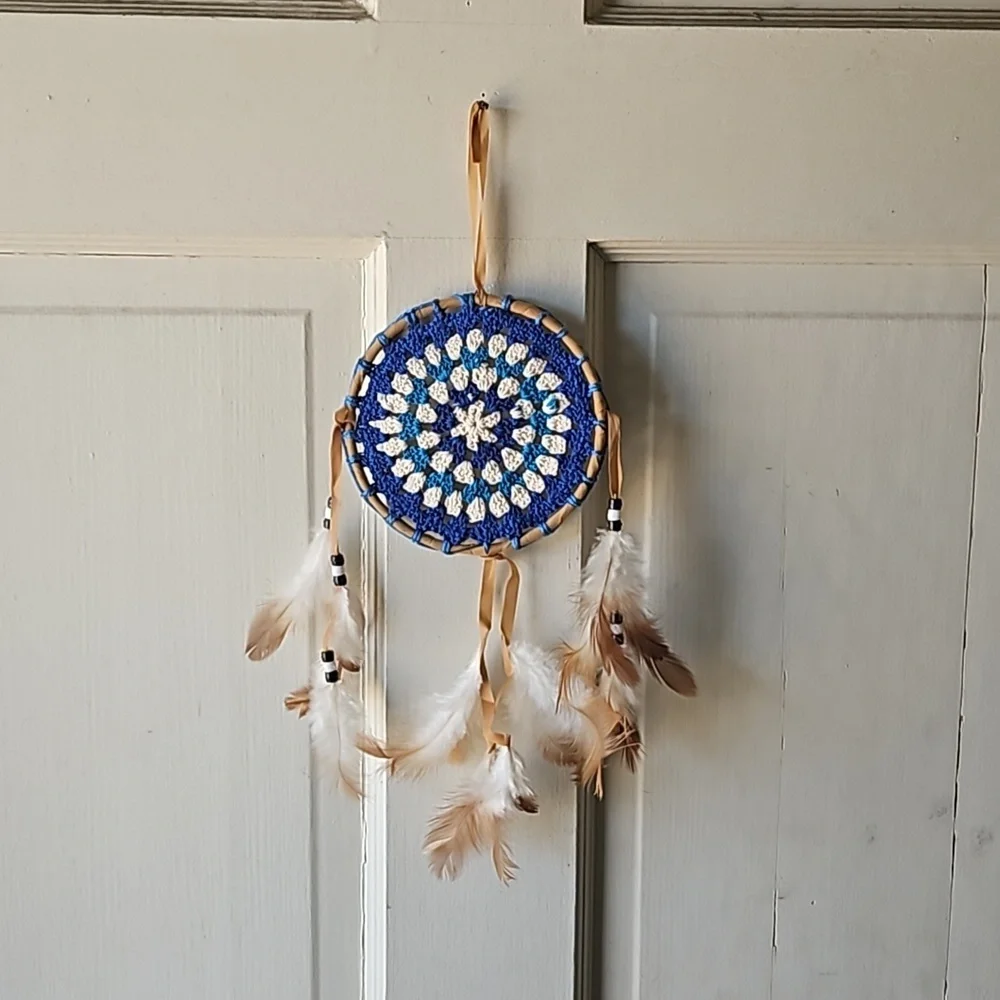Hand Crafted crochet floral dreamcatcher blue eclectic textile arts wall decor